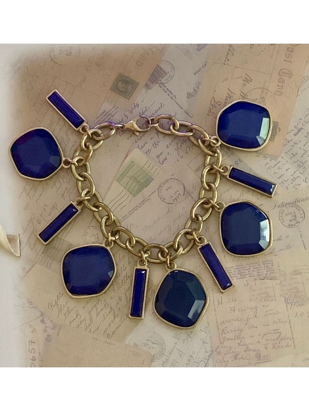 Vintage Heavy Quality Chic Gold Chain Bracelet with Deep Blue Geometric Charms